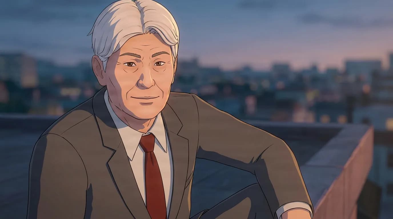 Sachio Otomo, a white-haired man in a brown suit and red tie, leans on a rooftop ledge at dusk with a slight smile.