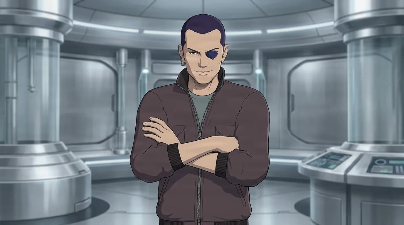 Saito, a man with an eye patch and short hair in a brown jacket, stands with arms crossed in a metallic sci-fi room.