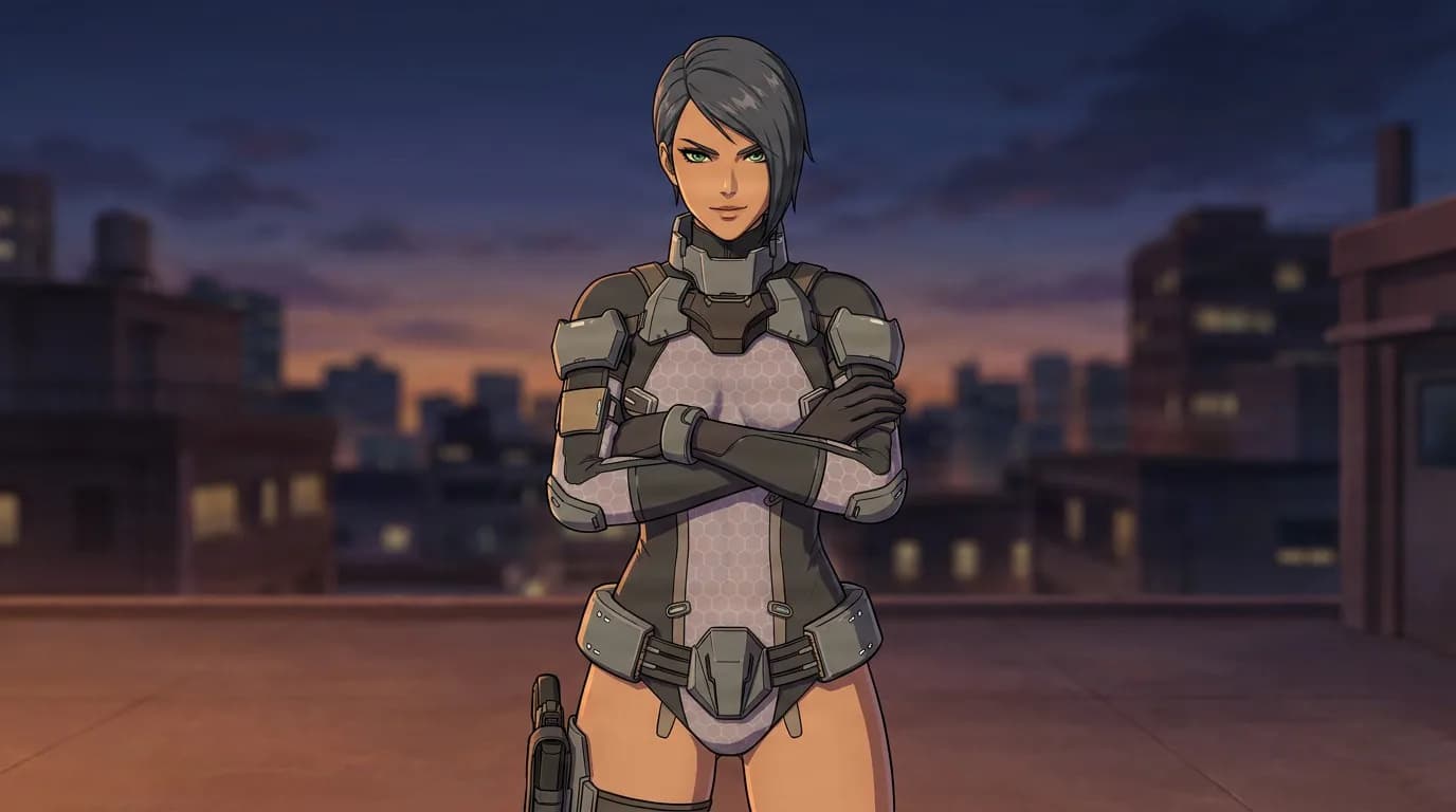 Sitara, a short-haired woman in a gray and white armored bodysuit, stands with arms crossed on a rooftop at dusk.