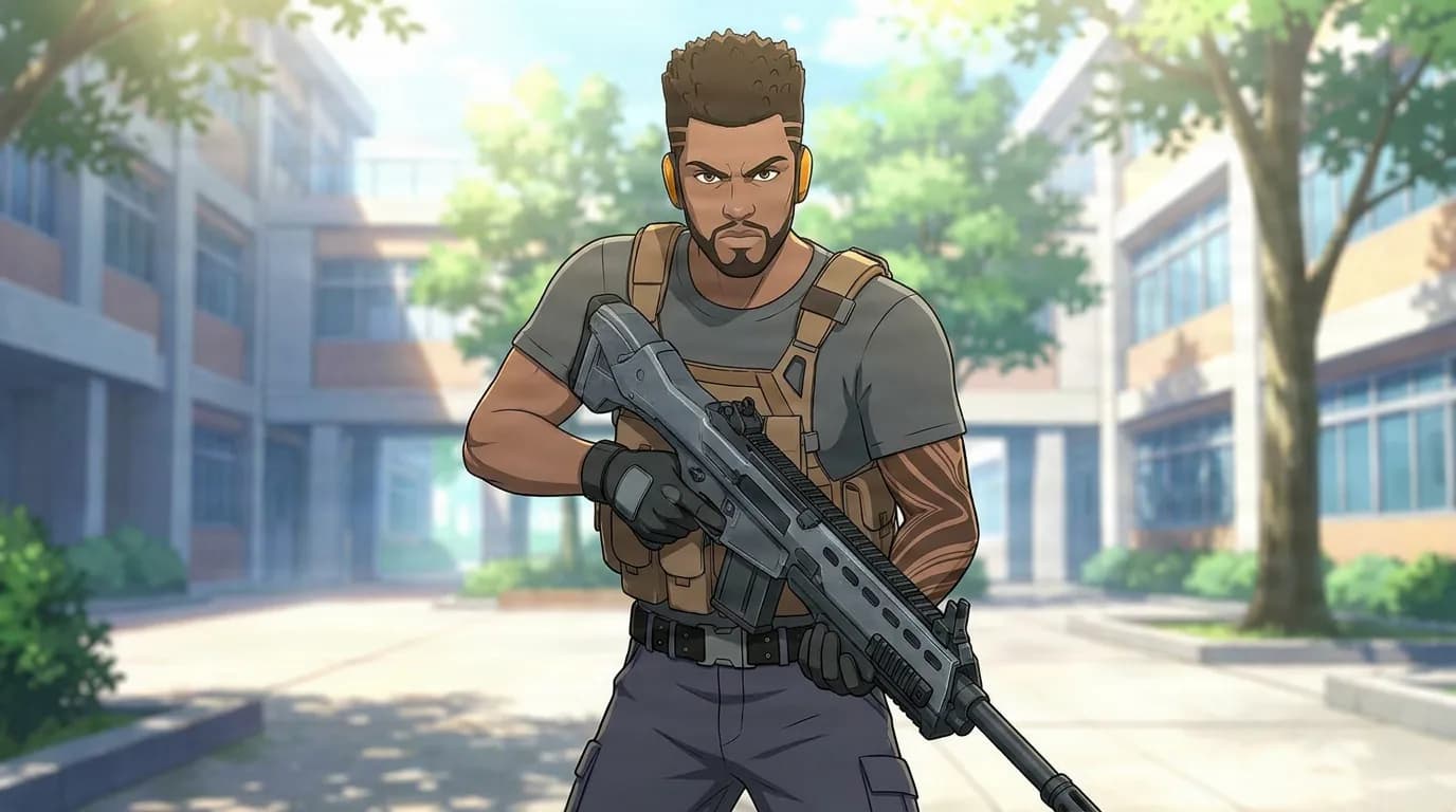 Standard, a muscular bearded man in a tactical vest, holds an assault rifle in a sunny school courtyard.