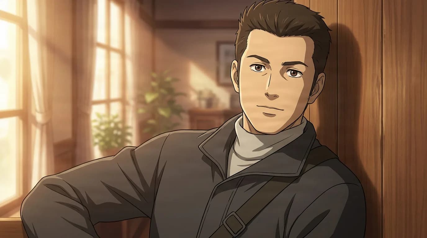 Yano, a young man with spiky brown hair in a gray coat over a turtleneck, sits in a warm wood-paneled room by a sunlit window.
