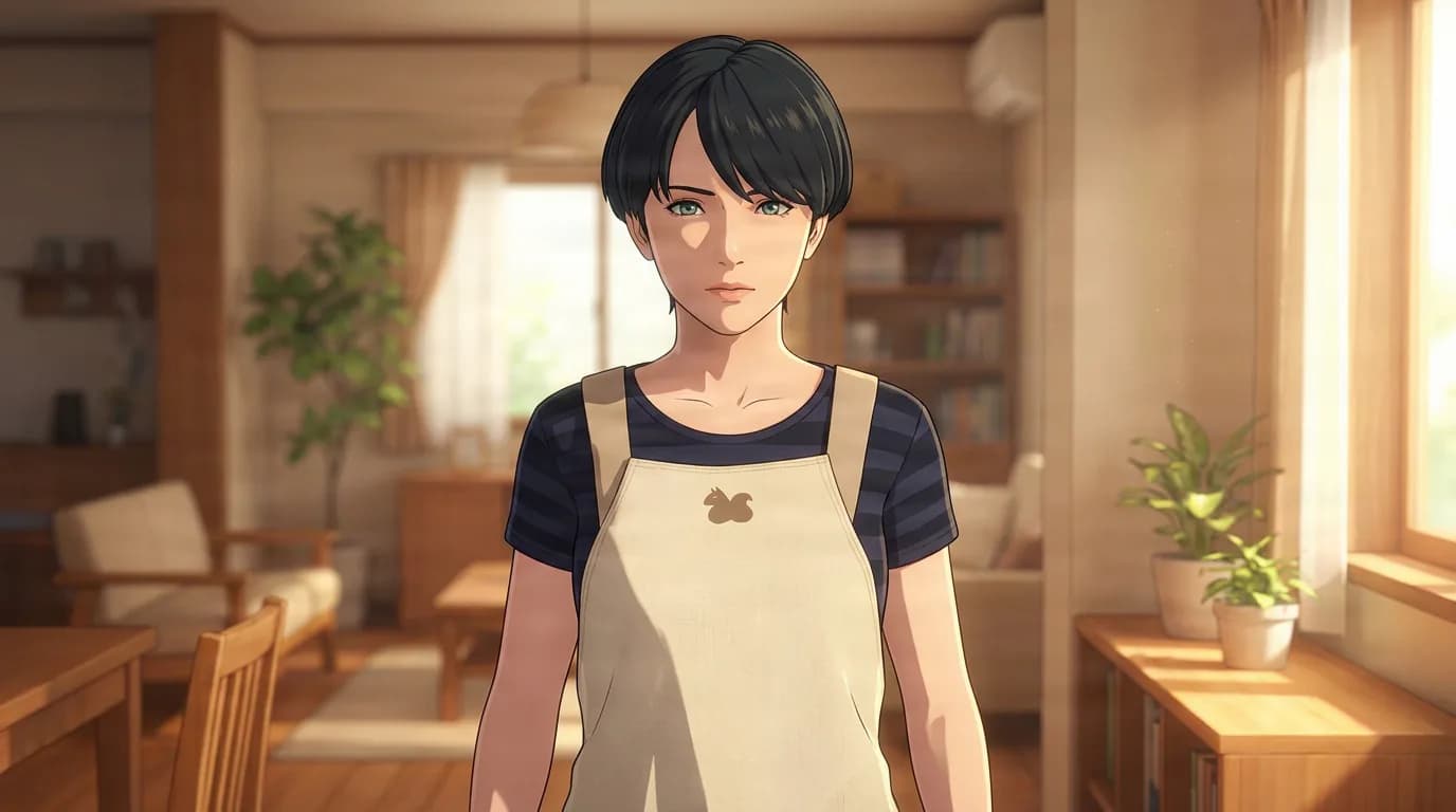 Yoshie Shimamura, a dark-haired young person in a striped shirt and beige apron, stands in a cozy sunlit living room.