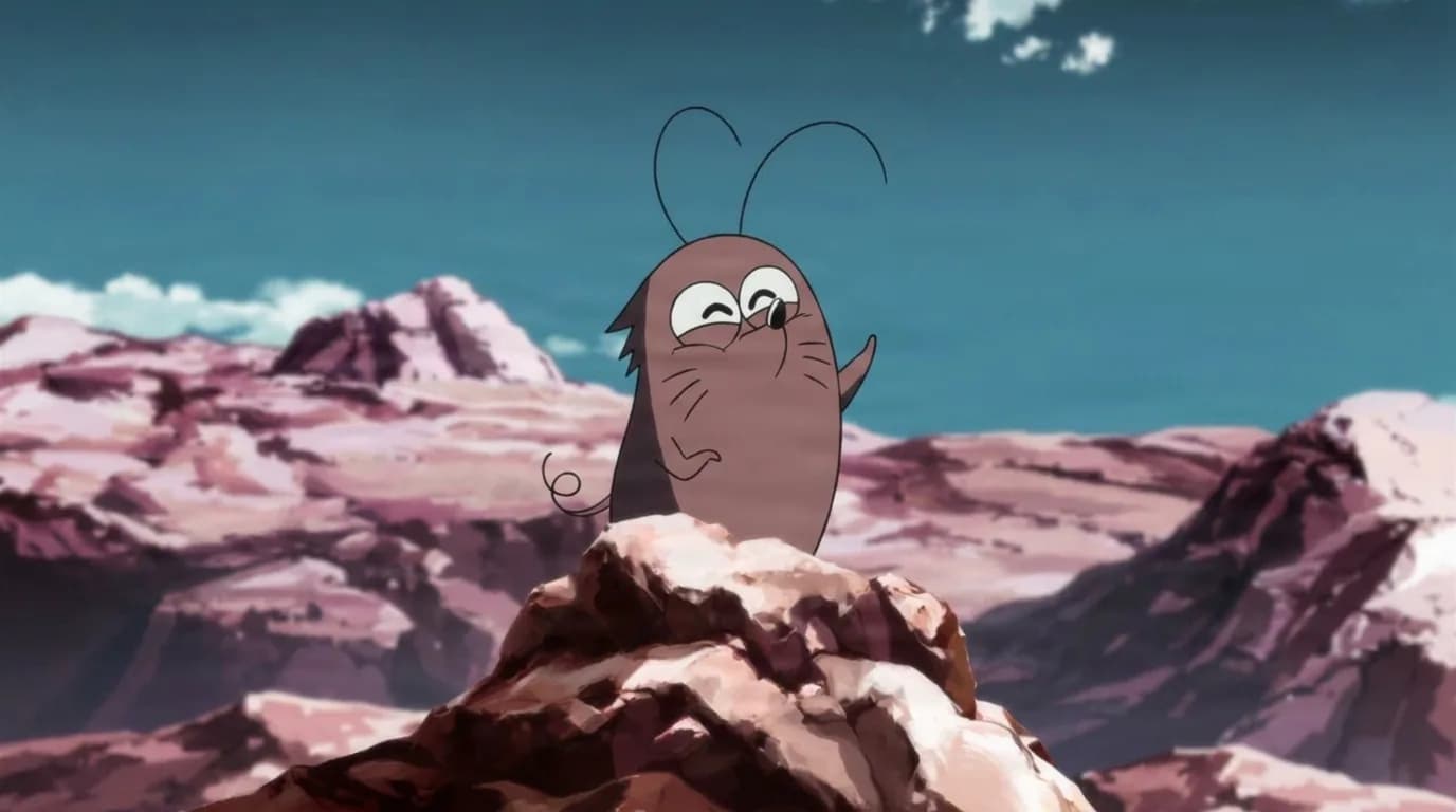 Boota from Gurren Lagann in a close-framed cel-shaded anime scene with a detailed environment