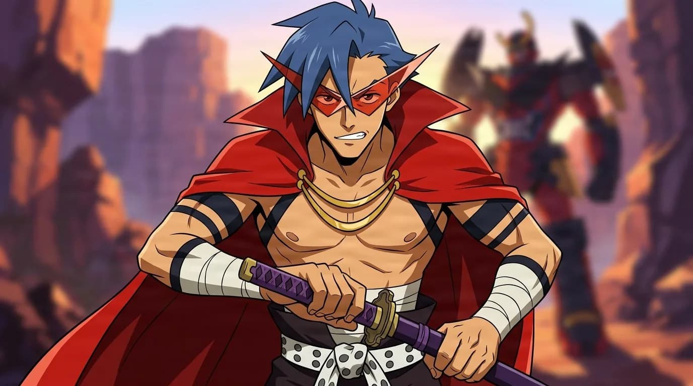 Kamina, blue haired and bare chested in a red cape and flame shades, drawing his katana in a canyon with a mecha behind him