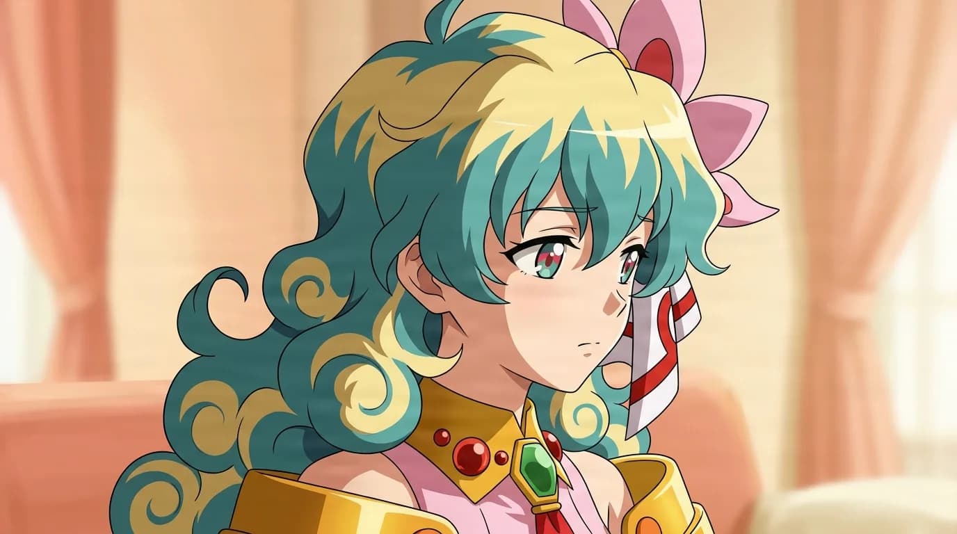 Nia Teppelin from Gurren Lagann in a close-framed cel-shaded anime scene with a detailed environment