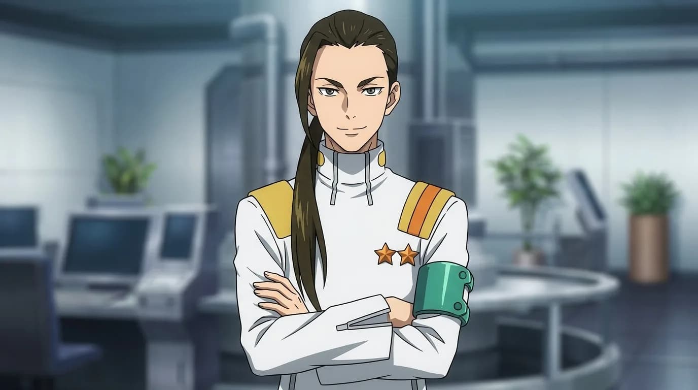 Rossiu Adai, a long ponytailed young officer in a white uniform with gold epaulettes, arms folded in a bright government office
