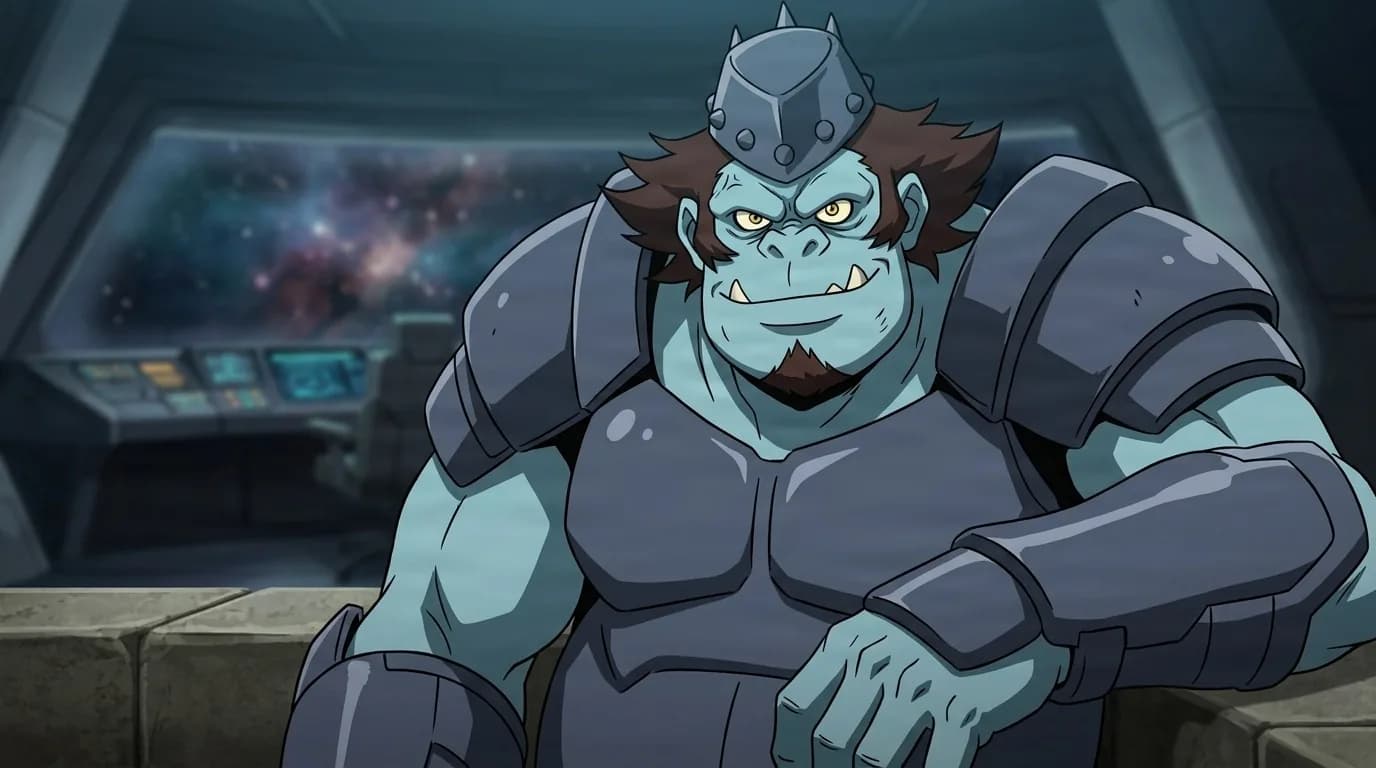 Thymilph, a burly blue-skinned ape Beastman in spiked helmet and grey armor, smirking on a starship bridge