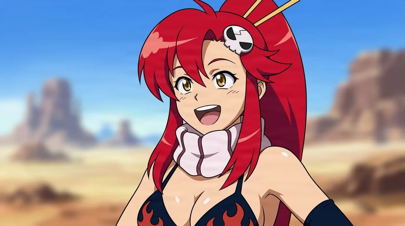 Yoko Littner from Gurren Lagann in a close-framed cel-shaded anime scene with a detailed environment