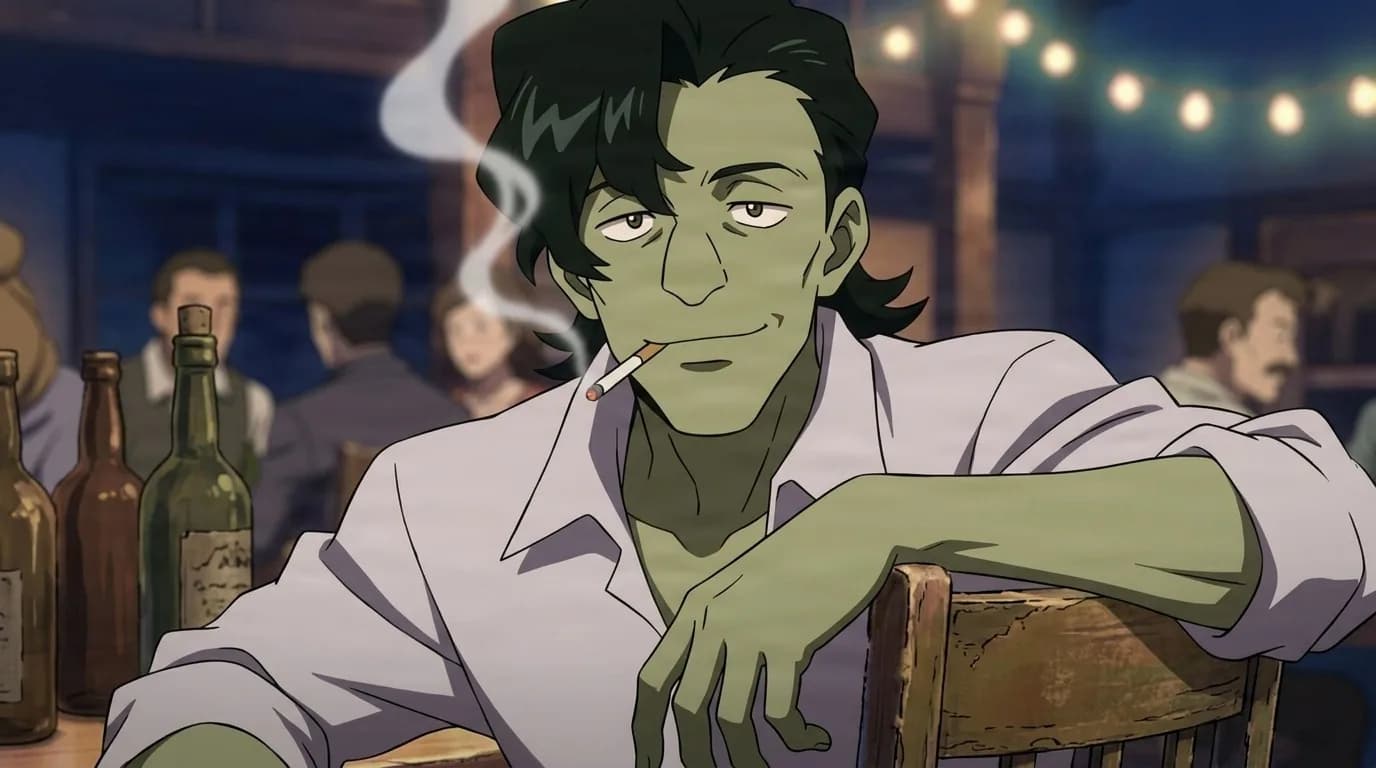 Zorthy Kanai lounging in a bar with a cigarette, green skin, dark shaggy hair and an open white shirt