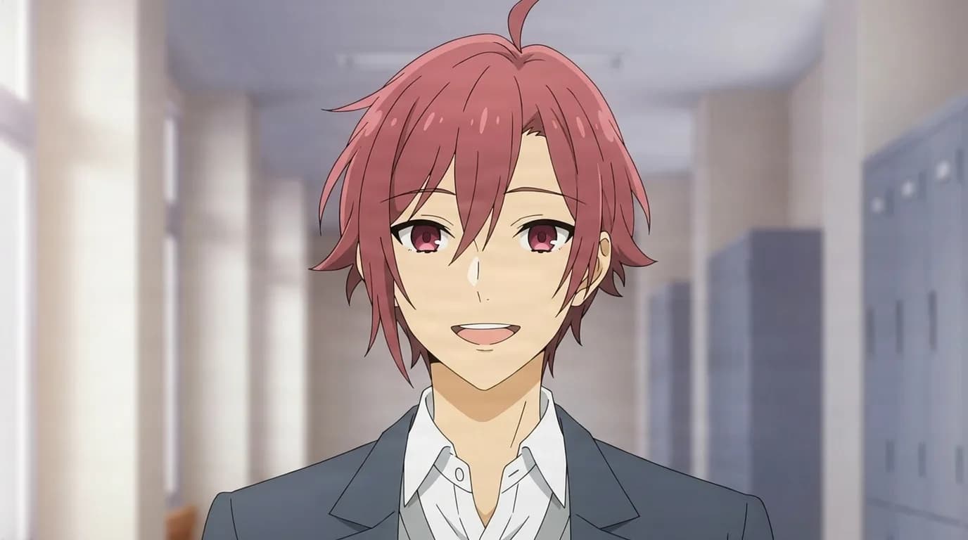 Akane Yanagi from Horimiya in a close-framed cel-shaded anime scene with a detailed environment