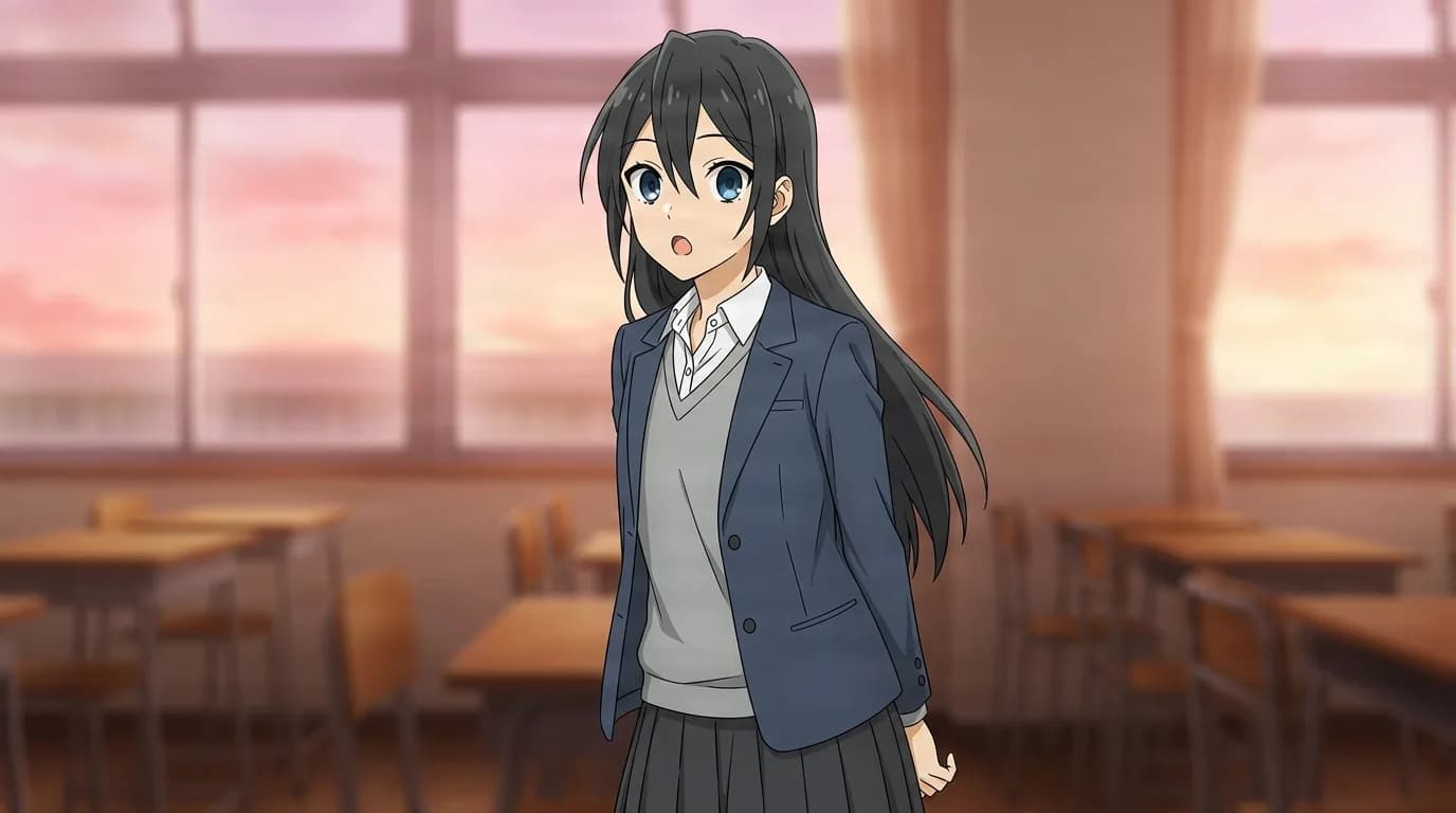 Honoka Sawada from Horimiya in a close-framed cel-shaded anime scene with a detailed environment