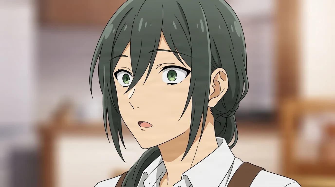 Iori Miyamura from Horimiya in a close-framed cel-shaded anime scene with a detailed environment
