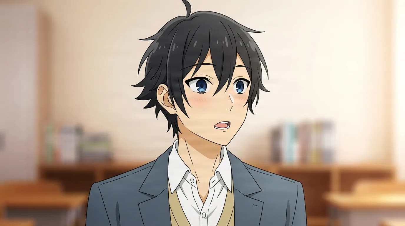 Izumi Miyamura from Horimiya in a close-framed cel-shaded anime scene with a detailed environment