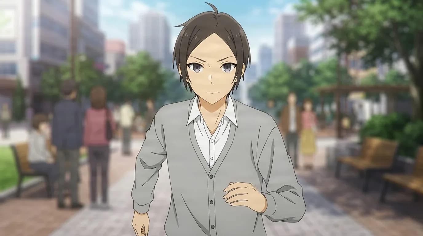 Kamioka walking down a busy city street, brown hair and a serious frown, wearing a grey cardigan over a white shirt