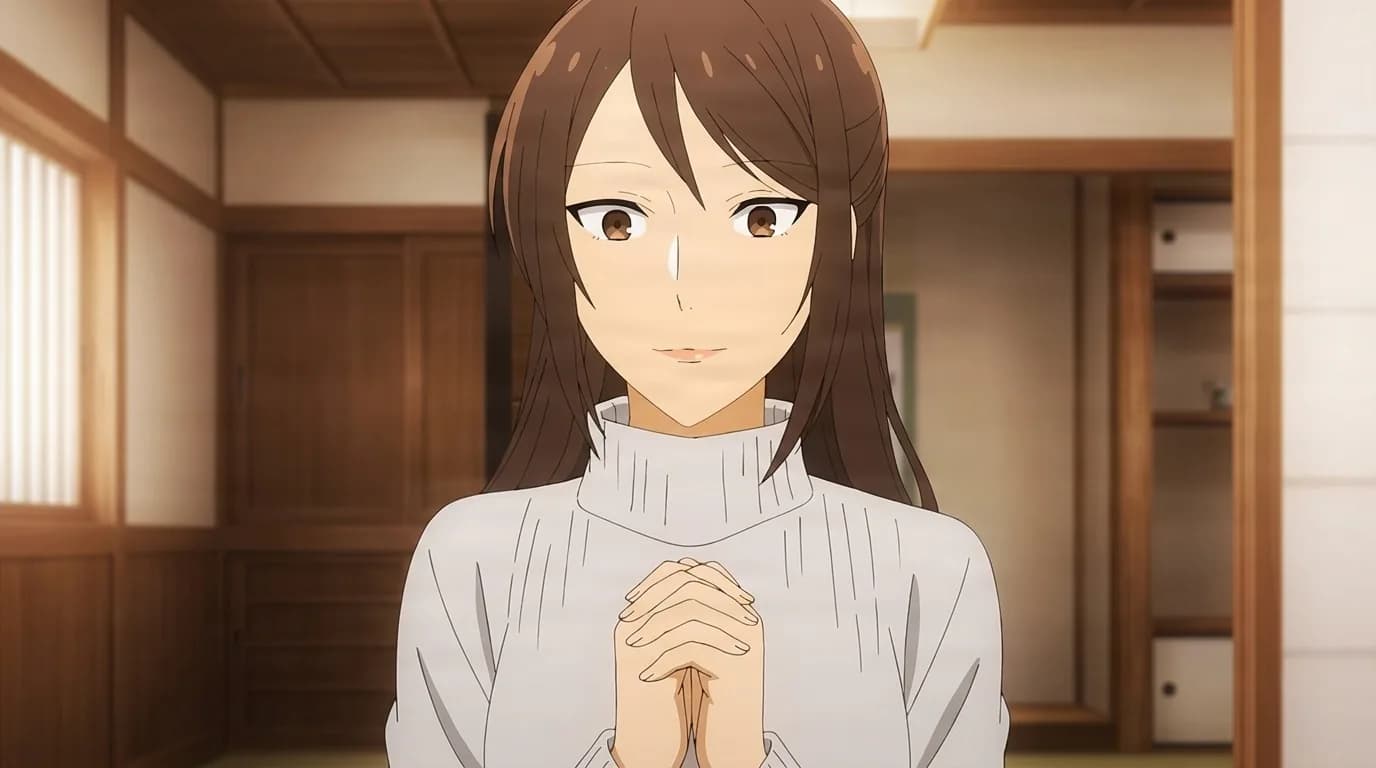 Kayo Yashiro smiling gently with hands clasped, long brown hair and a cream turtleneck sweater in a traditional Japanese room