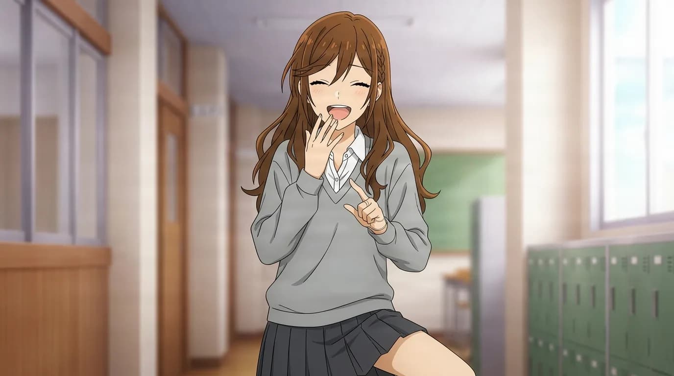 Kyōko Hori from Horimiya in a close-framed cel-shaded anime scene with a detailed environment