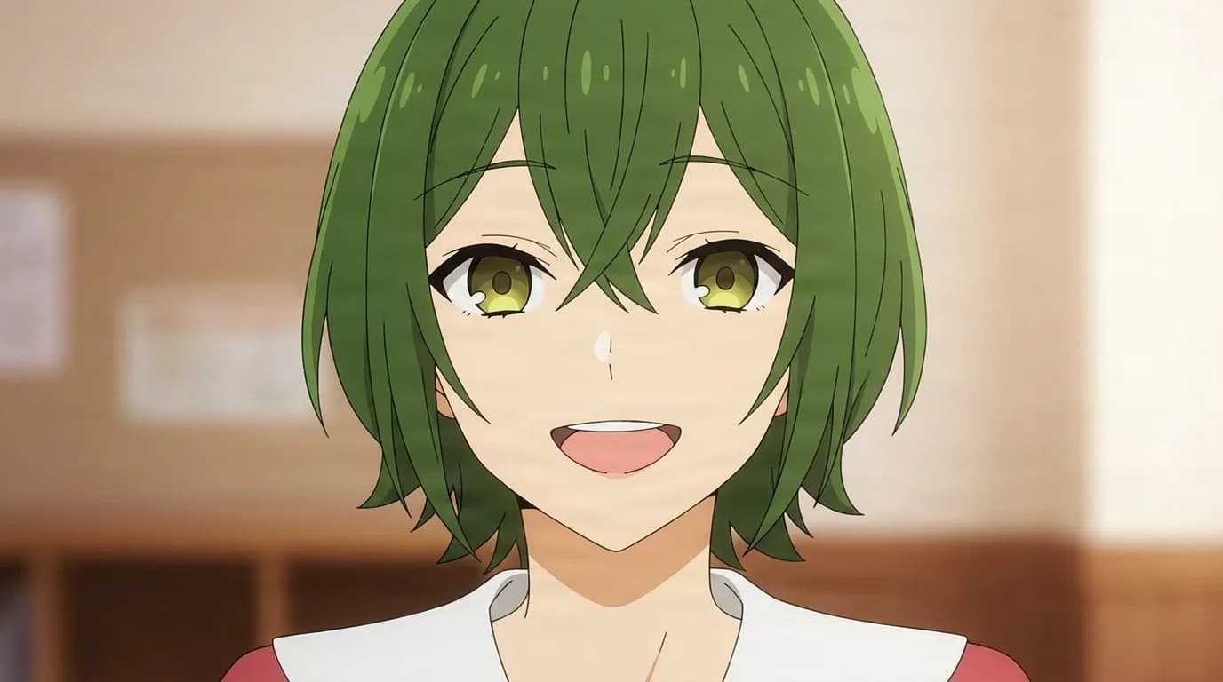 Motoko Iura from Horimiya in a close-framed cel-shaded anime scene with a detailed environment