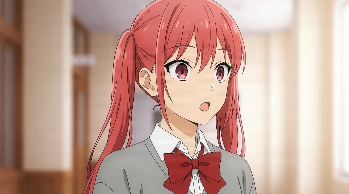 Remi Ayasaki from Horimiya in a close-framed cel-shaded anime scene with a detailed environment