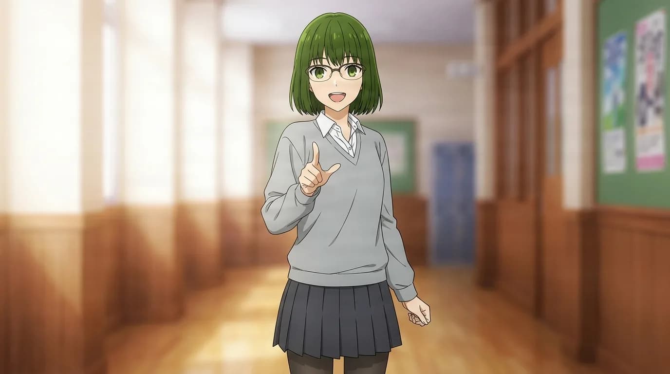 Sakura Kōno from Horimiya in a close-framed cel-shaded anime scene with a detailed environment