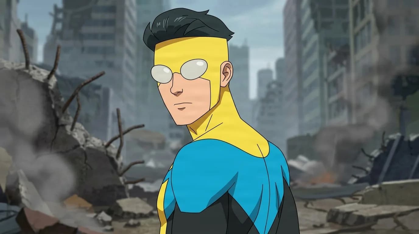 Executioner Invincible in his yellow and blue suit, glancing over his shoulder in a ruined, smoking city.