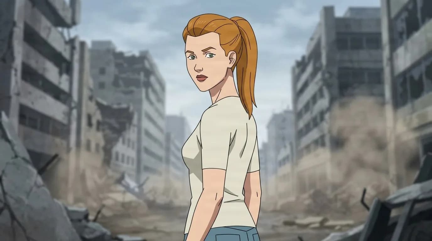 Rose, an auburn-haired woman with a ponytail in a cream shirt, glancing back amid demolished city ruins