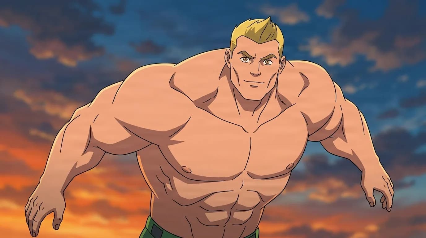 The Hunk looming under an orange sunset sky, a hugely muscular shirtless blond man smirking above green trousers