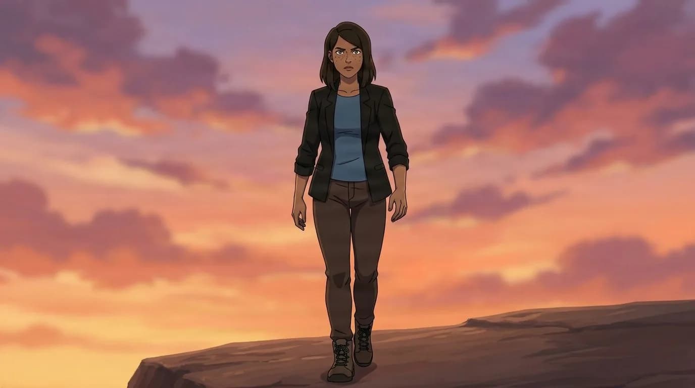 فاليري، امرأة ذات نمش وشعر بني ترتدي سترة رسمية داكنة وقميصًا أزرق، تقف على حافة جرف عند غروب الشمس