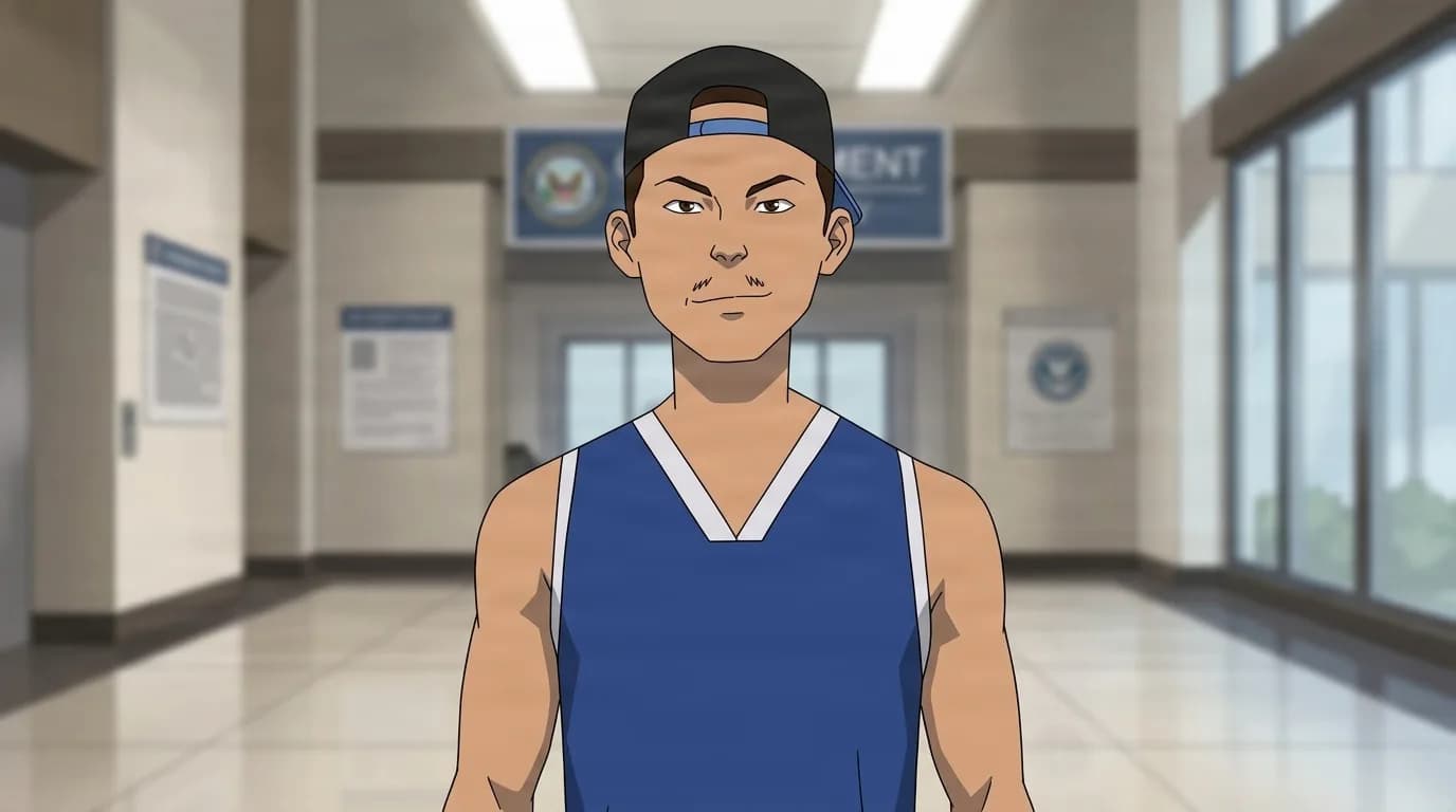 A young man in a backwards cap and blue tank top, standing with a smirk in a government building lobby