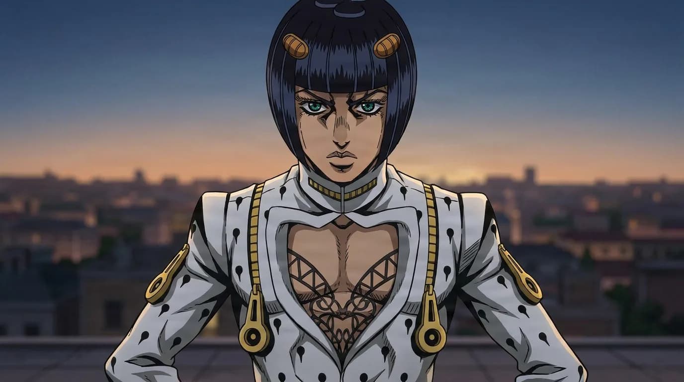 Bruno Bucciarati stands hands on hips in a white zippered suit with gold suspenders on a rooftop at dusk.