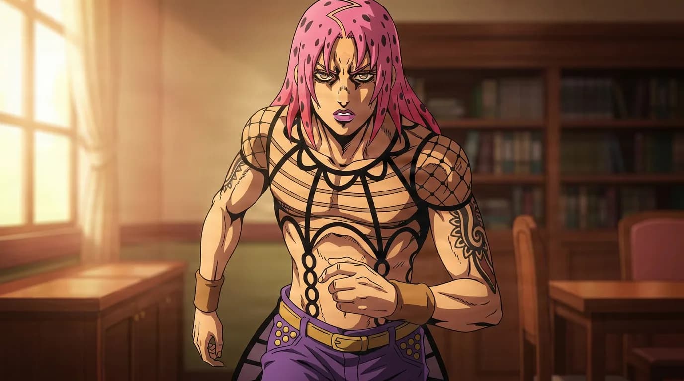 Diavolo, a man with pink spotted hair in a fishnet-strap outfit, standing in a wood-paneled library.