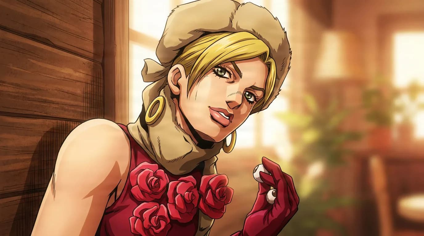 Dr. Ferdinand in a fur-lined cap and rose-adorned red top holds a small object by a sunlit cabin window.