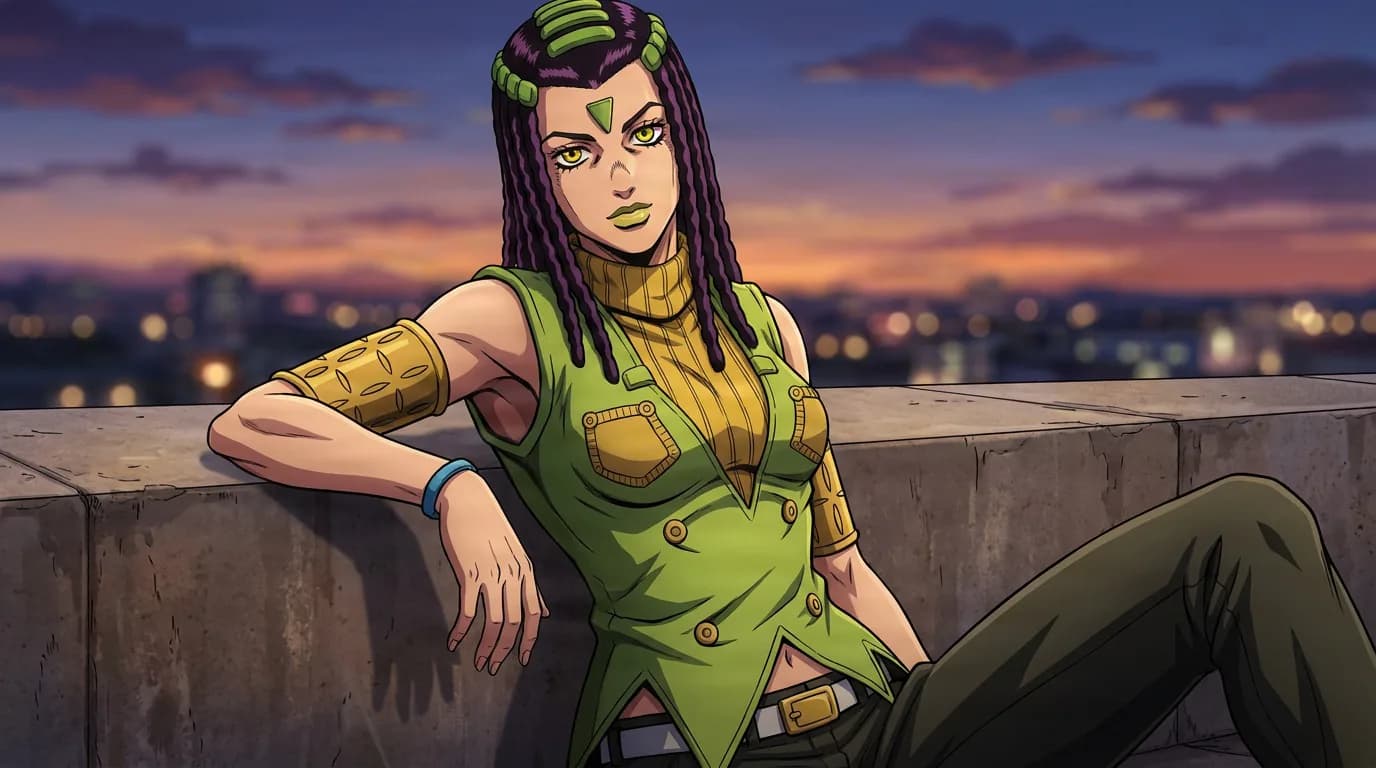 Ermes Costello reclines against a rooftop ledge in a green vest and yellow turtleneck above city lights at dusk.
