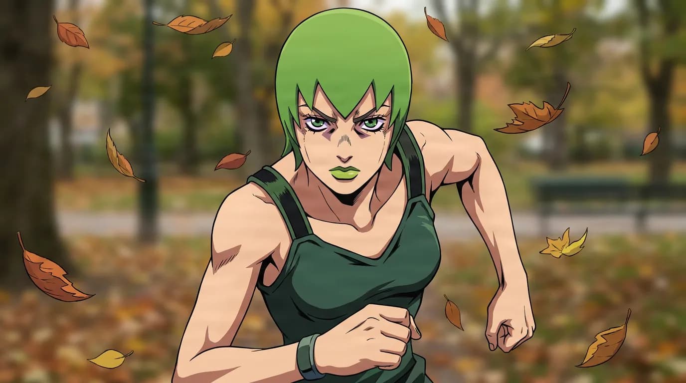 Foo Fighters runs through an autumn park in a dark green tank top with green bob hair and falling leaves around.