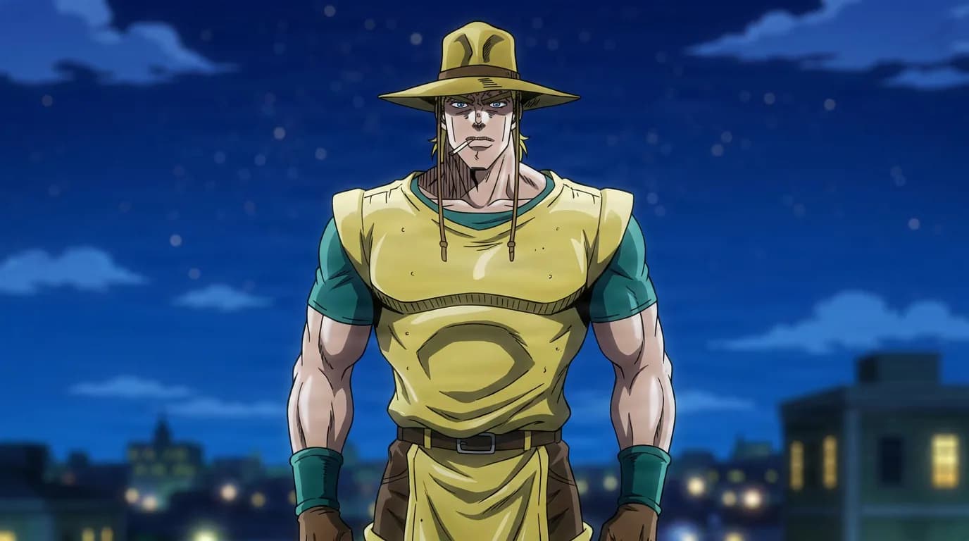 Hol Horse stands with a cigarette and yellow cowboy hat in a yellow outfit on a rooftop against a night skyline.