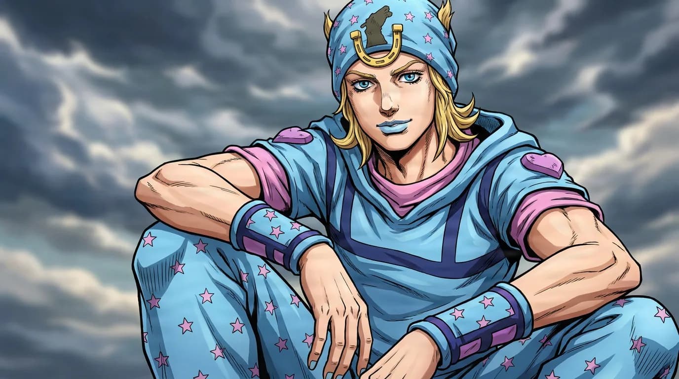 Johnny Joestar, a blond man in a blue star-patterned outfit and horseshoe cap, seated under a stormy sky.