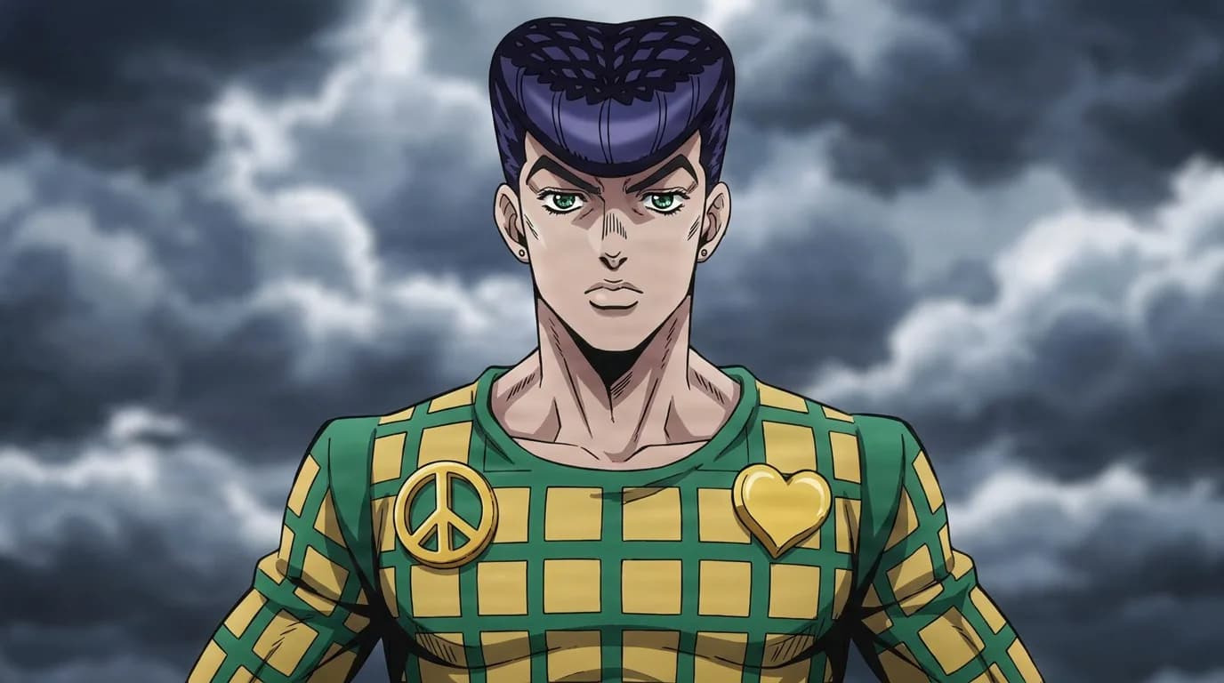 Josefumi Kujo stands in a green and yellow checkered sweater with peace sign and heart emblems under a stormy sky.