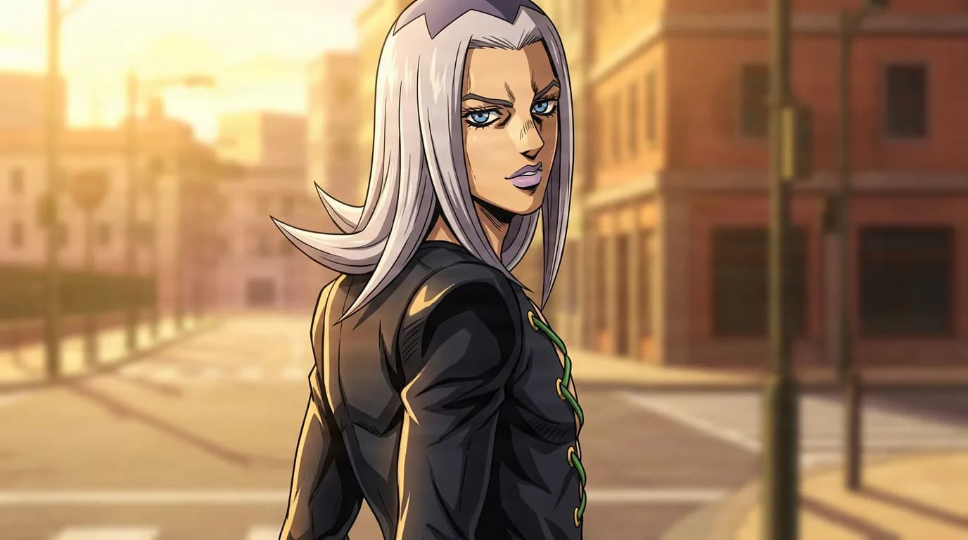 Leone Abbacchio glances back in a black outfit with green lacing on a sunlit city street.