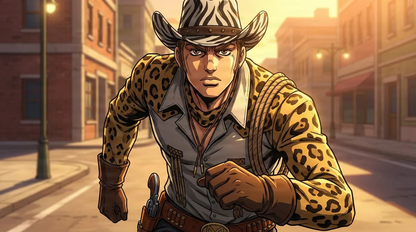 Mountain Tim in a zebra-print cowboy hat and leopard-print shirt with a lasso, running down a dusty western street at sunset.
