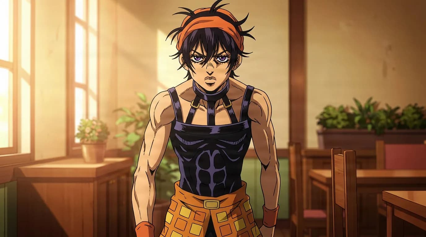 Narancia Ghirga stands in an orange headband and black tank top with a checkered waist wrap in a sunlit room.