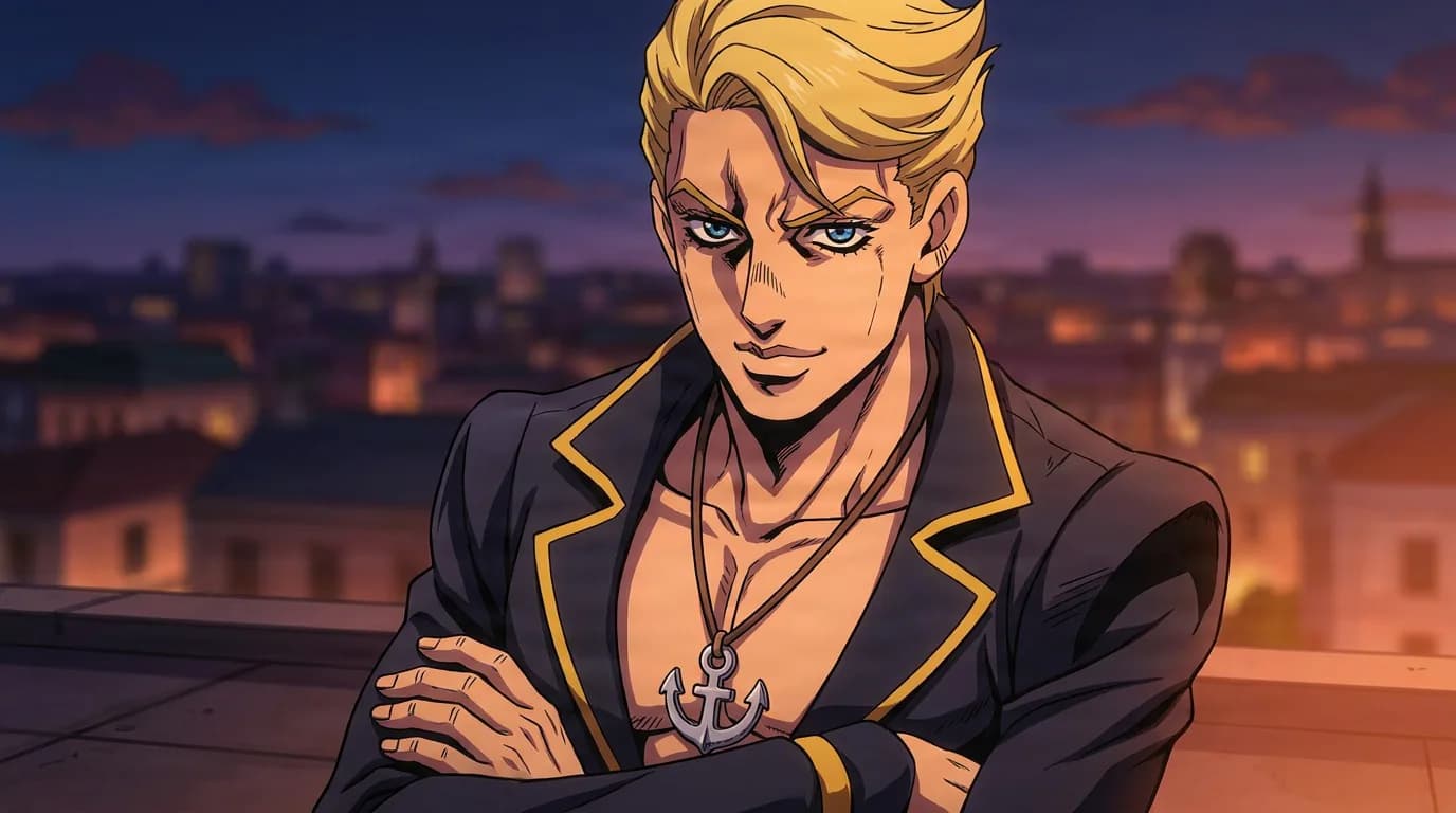 Prosciutto stands with arms crossed in a dark suit and anchor pendant on a rooftop against a dusk skyline.