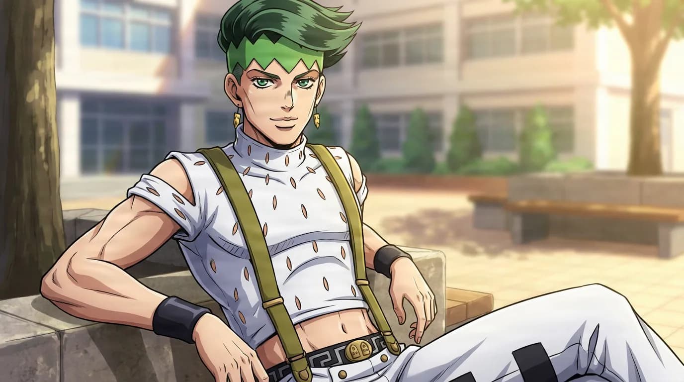Rohan Kishibe, a man with green hair in a white pen-patterned top and suspenders, seated in a schoolyard.