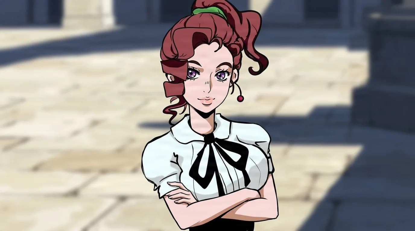 Ryoko Kakyoin standing with arms folded and a faint smile, auburn curls tied in a green ribbon, white puff-sleeve blouse with a black ribbon tie