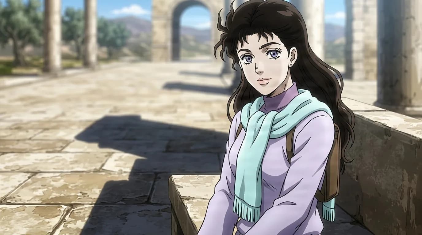 Sherry Polnareff with long brown hair in a lavender sweater and teal scarf, sitting on a stone bench among sunlit ruins.