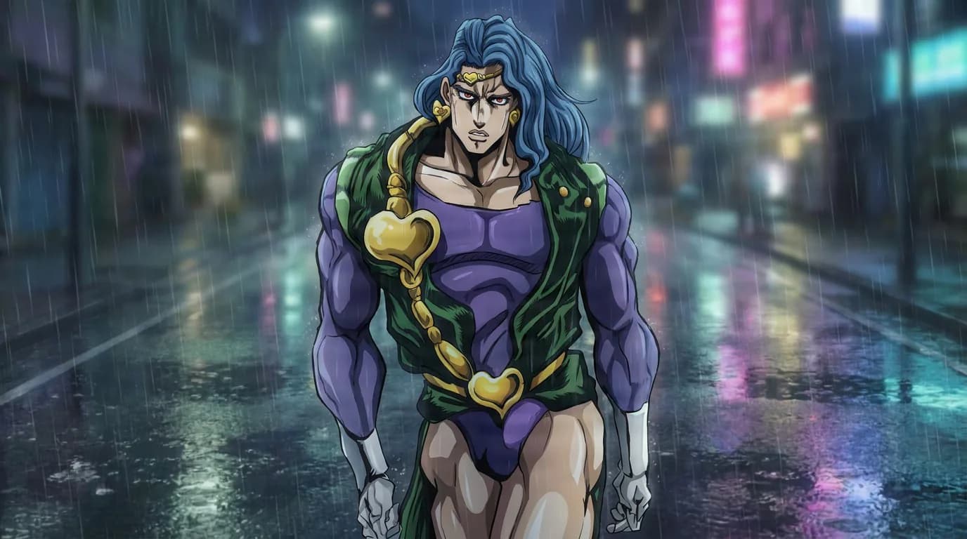 Vanilla Ice walks down a rainy neon-lit street at night in a green and purple outfit with gold heart ornaments.