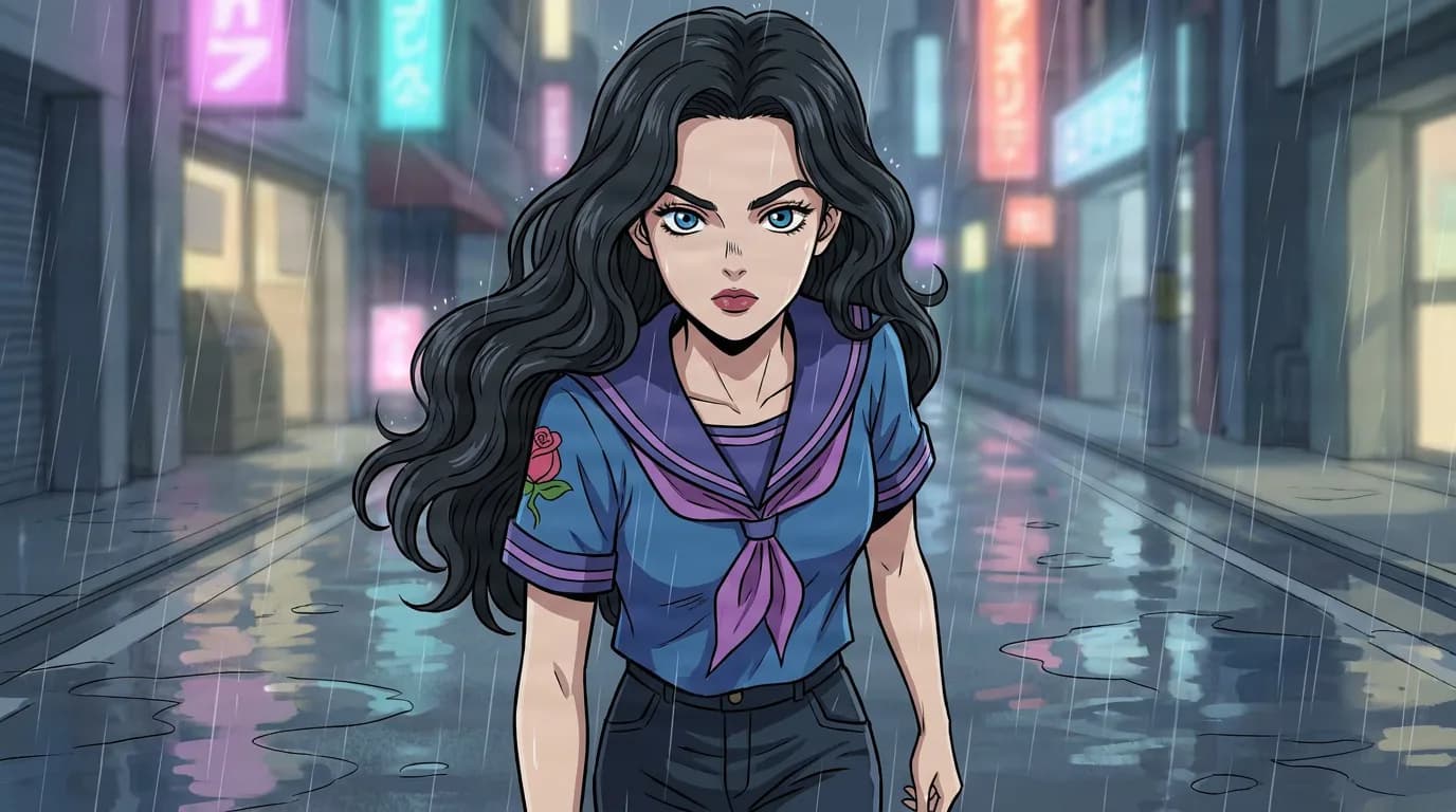 Yukako Yamagishi with long black wavy hair in a blue sailor top, walking down a rainy neon-lit city street.