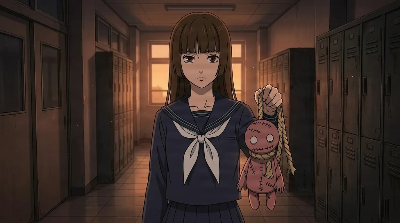 A schoolgirl in a navy sailor uniform holds up a small stitched cloth doll in a dim empty school hallway lined with lockers at dusk.