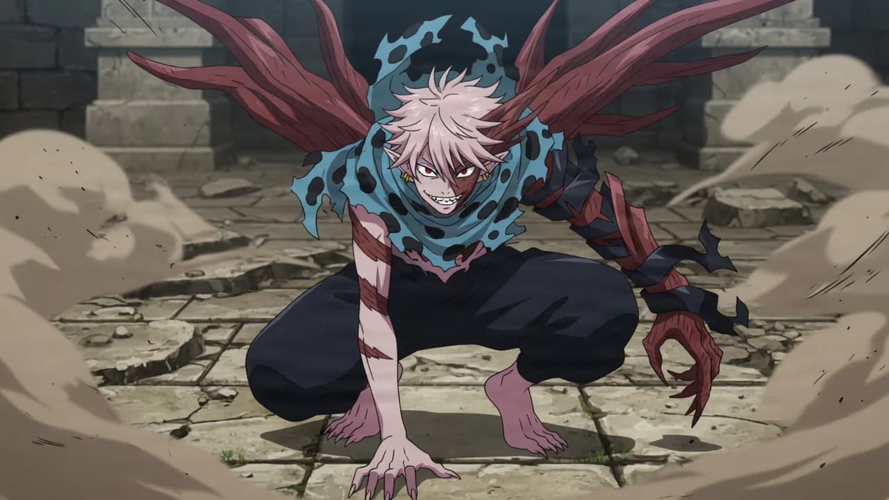 A pale-haired anime figure with red eyes and red tendrils crouches low in a fighting stance amid a ruined stone courtyard with dust swirling.