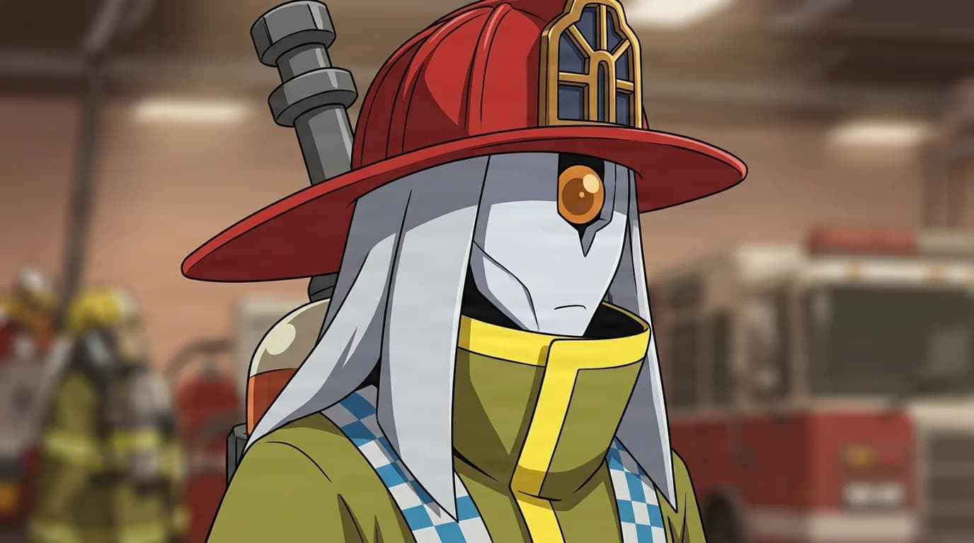 Backdraft from My Hero Academia in a close-framed cel-shaded anime scene with a detailed environment