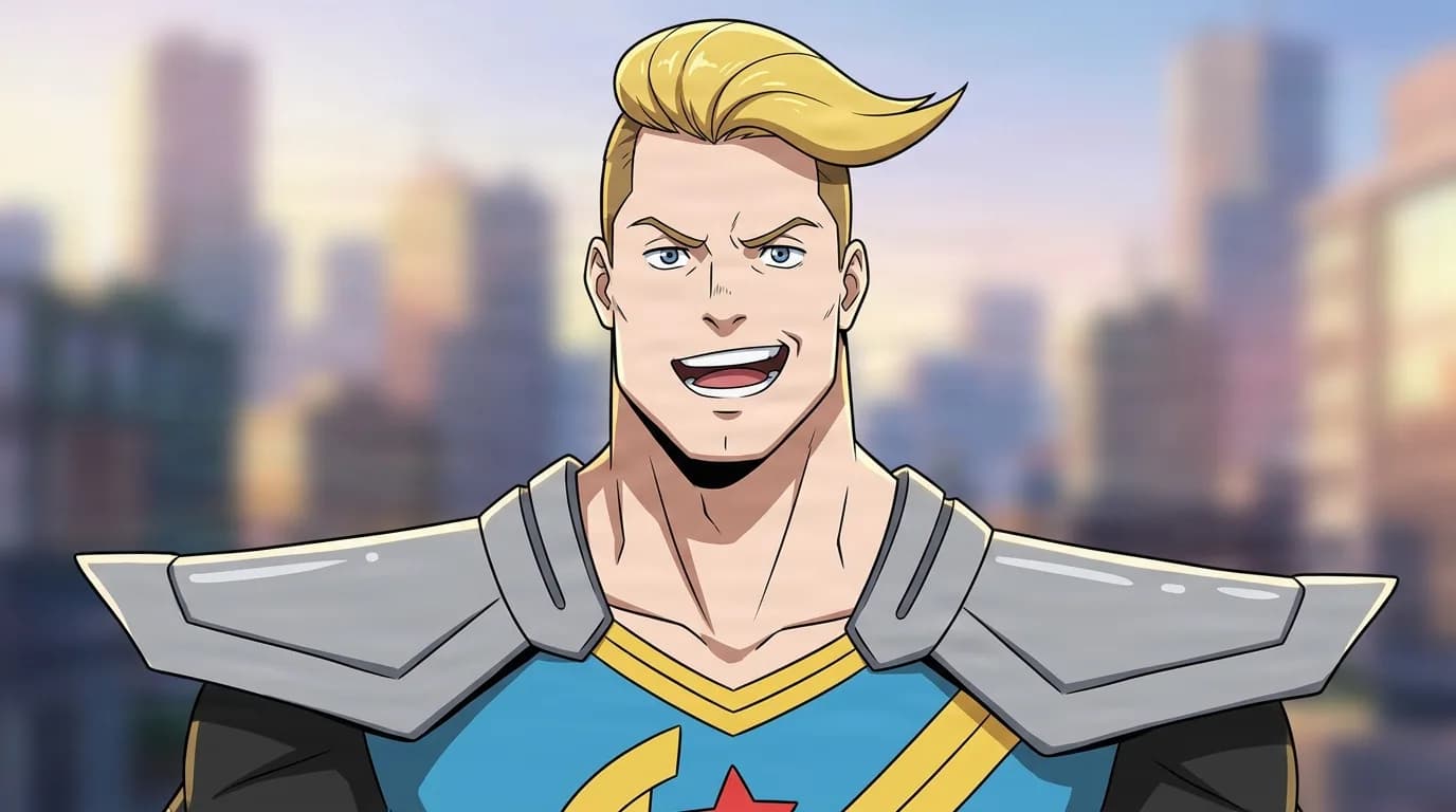 Christopher Skyline from My Hero Academia in a close-framed cel-shaded anime scene with a detailed environment