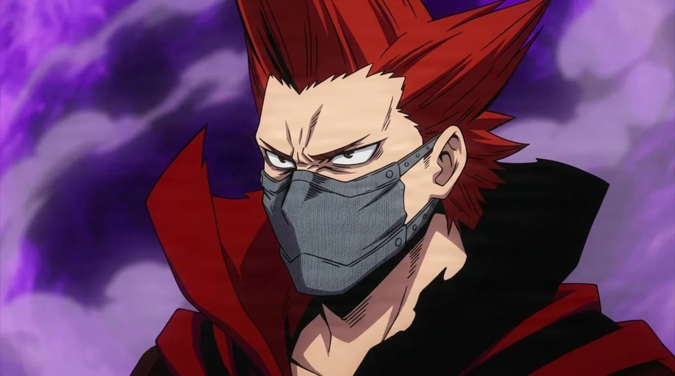 Crimson Riot from My Hero Academia in a close-framed cel-shaded anime scene with a detailed environment